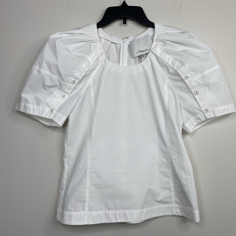 3.1 Phillip Lim Bloom Pleated Short Sleeve Scoop‎ Neck White Blouse Sz 4 - Picture 5 of 16